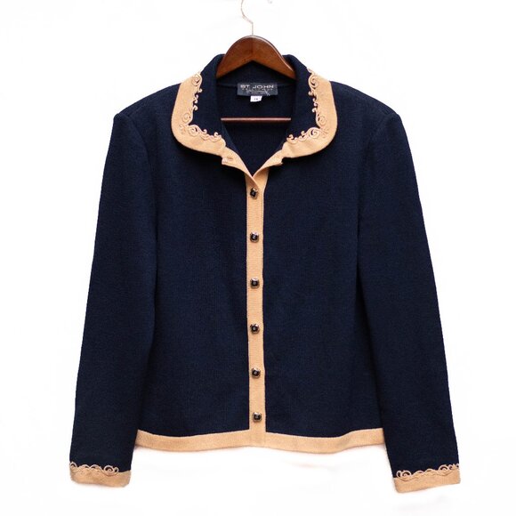 VTG St. John Santana Knit Blazer 14 Navy Blue Beige Trim Gold Buttons Cardigan - Picture 1 of 6